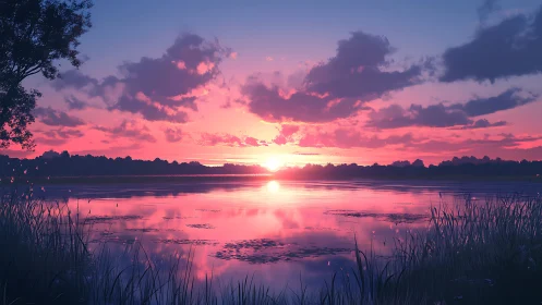 Spectral gradient sunset over lacustrine horizon, mirror-symmetry study.