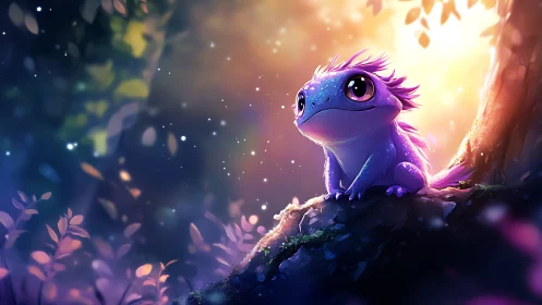 Cute violet lizard watches glowing forest sunset dreamily.