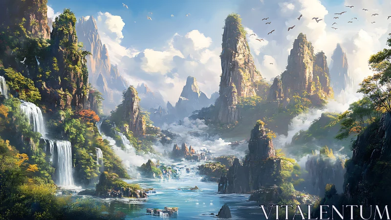 Mountain spires trade secrets with waterfalls in painted mist