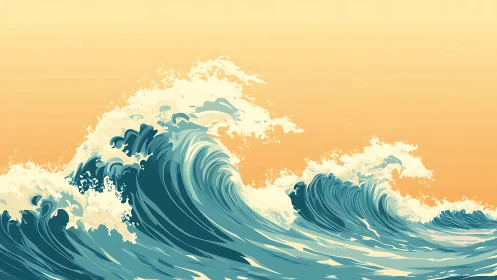 Sunlit ocean swells curling beneath a golden horizon.