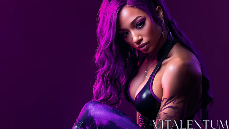 Purple-lit woman in leather outfit against studio backdrop.