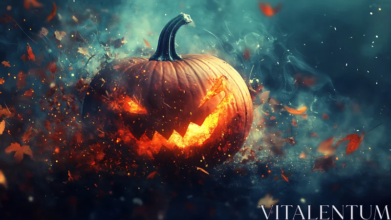Smoldering jack o lantern amid swirling autumn embers.