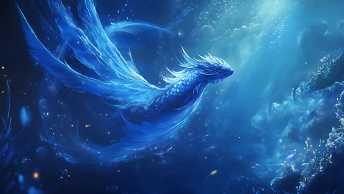 Celestial blue dragon swims through luminous underwater abyss