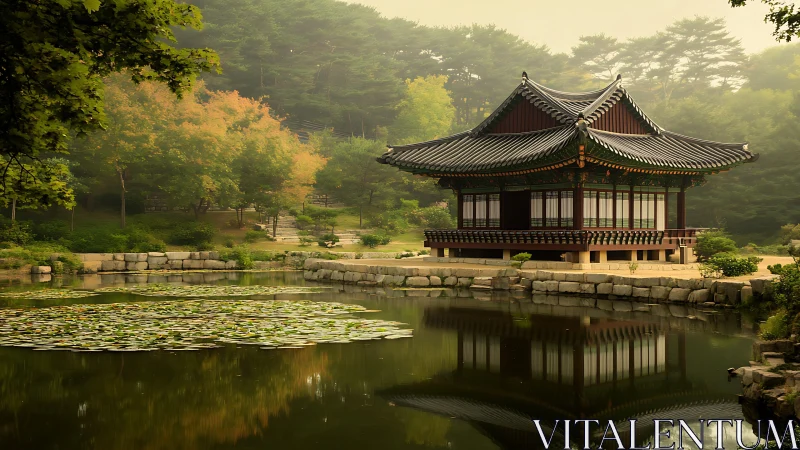 Traditional Korean pavilion stands over still reflective pond
