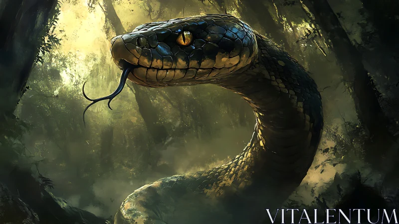 Emerald jungle titan rearing with molten-gold serpent gaze.