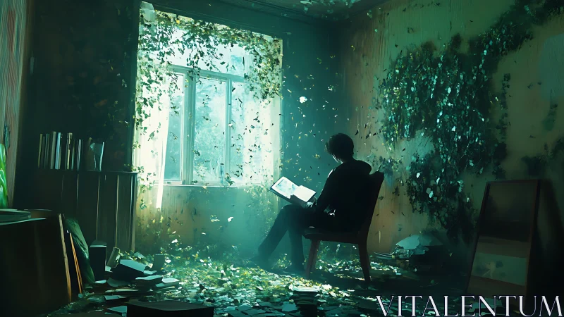 Quiet reader in a dreamlike room of swirling leaves.