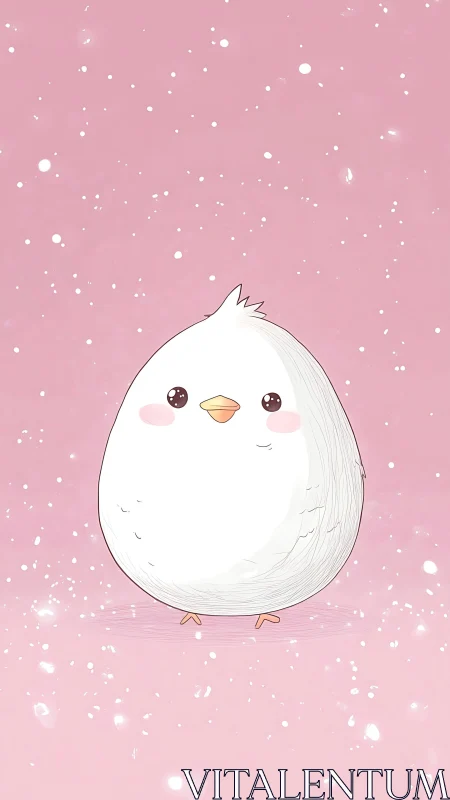 Stylized chick illustration with pink background.