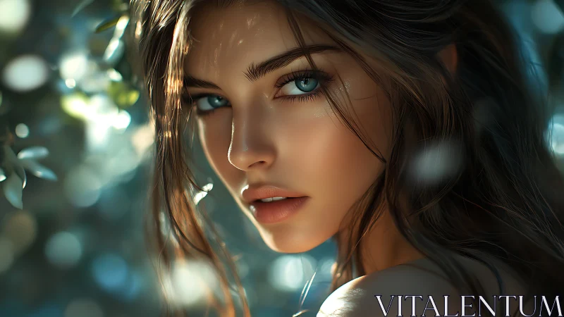 Ethereal blue-eyed woman glows softly in dappled forest light