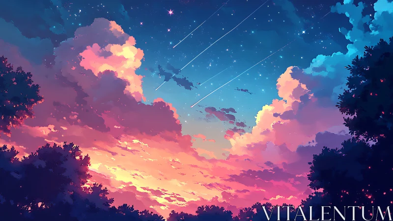 Sunset sky with clouds, stars and silhouetted treetops.