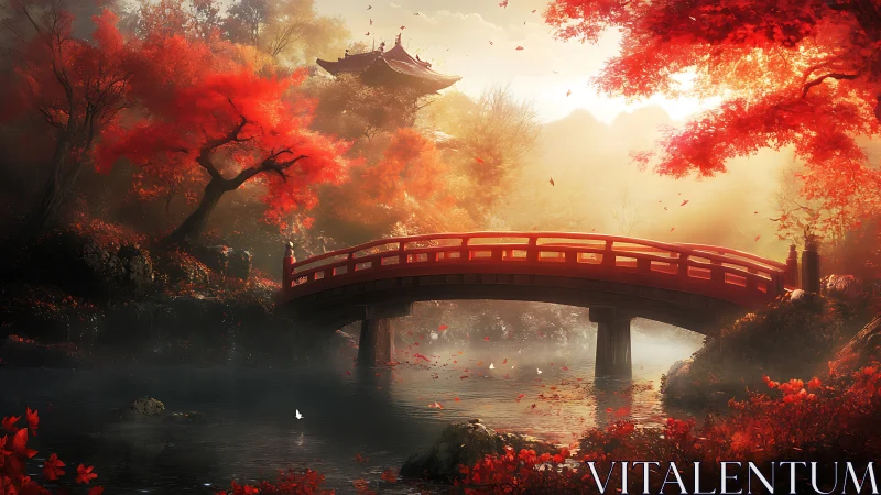 Luminous red bridge in misty autumn Japanese garden scene.