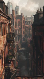 Weathered brick alleyway meets looming modern city towers.