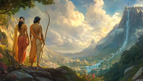 Epic mythic travelers overlooking luminous river kingdom.