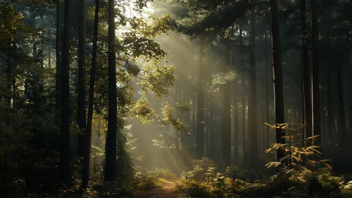 Volumetric Light Rays Penetrating Dense Coniferous Forest Canopy