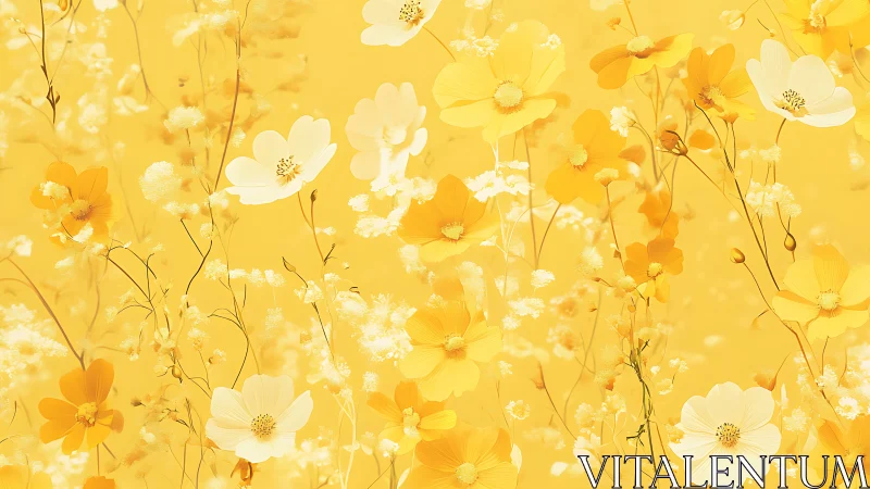 Yellow Flower Field Composition with White Blooms and Green Stems