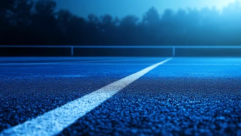 Night-illuminated acrylic tennis court with low-angle vanishing line.