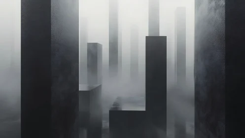Rectangular monolith structures in dense atmospheric fog.