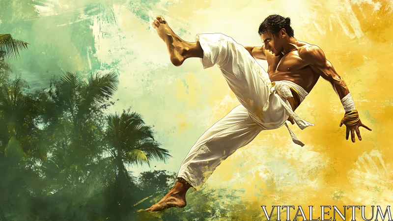 Martial artist executes airborne capoeira kick with dynamic lighting