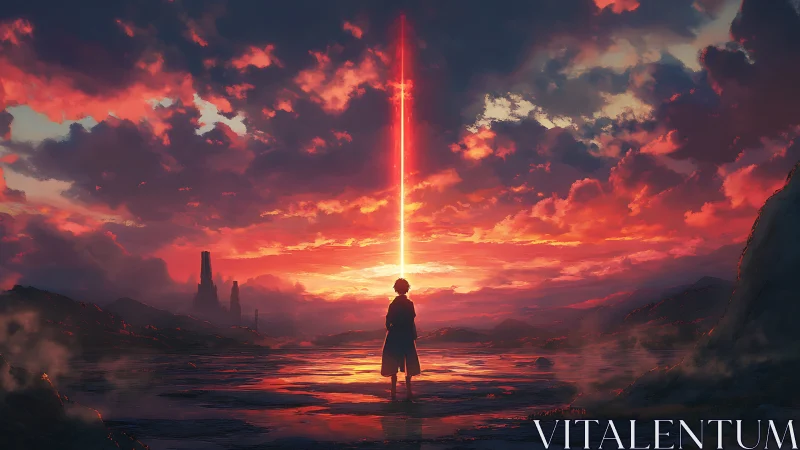 Solitary figure under vertical red beam at sunset sky.