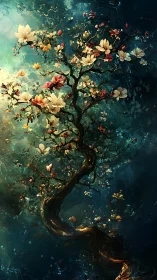 Luminous blossom tree twisting through deep teal cosmos.