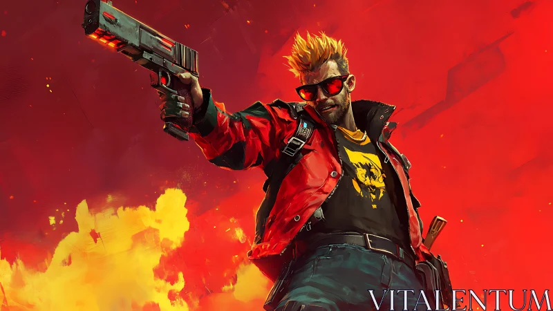 Cyberpunk gunslinger strikes a bold pose amid blazing chaos.