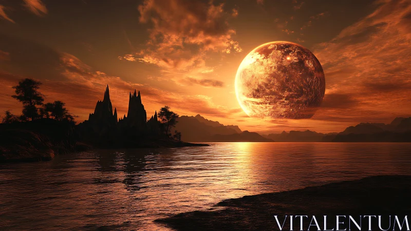 Alien sun ignites crimson skies over tranquil alien sea.