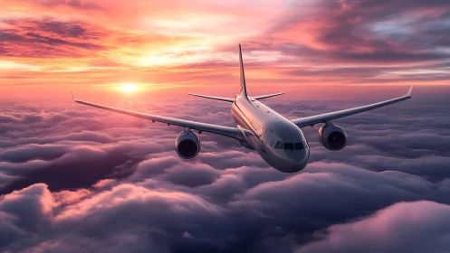 Passenger jet flying above clouds at vivid sunset sky.