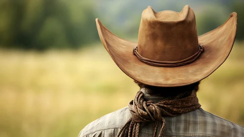 Rear-field portrait of weathered leather cowboy hat silhouette.