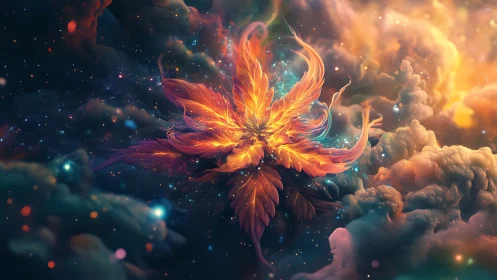 Starlit cosmic flower blooms gently among glowing nebula clouds