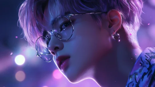 Soft neon portrait glows around a thoughtful glasses wearer