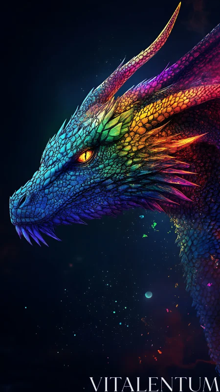 Prismatic dragon head glows against a star-flecked cosmic night