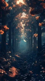 Forest pathway illuminated by golden canopy light.
