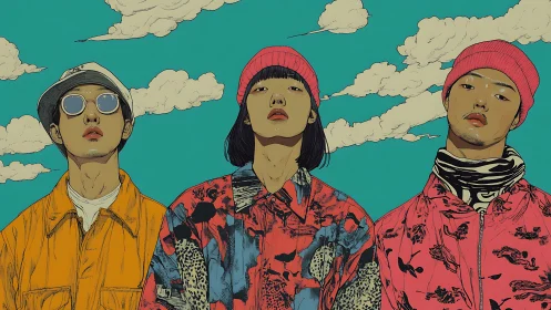Skyline streetwear trio under candy clouds of cool.