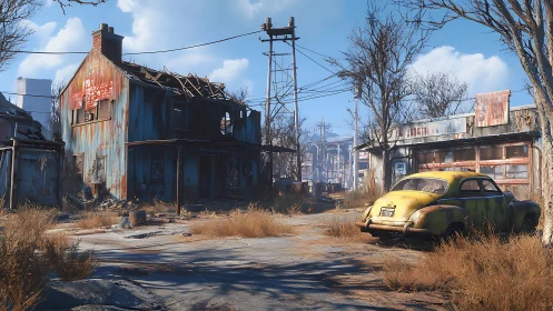 Abandoned suburban street shows rusted houses and yellow car