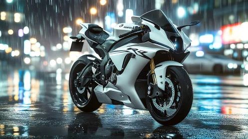Photorealistic superbike render in neon urban rain scene.