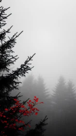 Conifer branches and red foliage in dense morning fog forest.