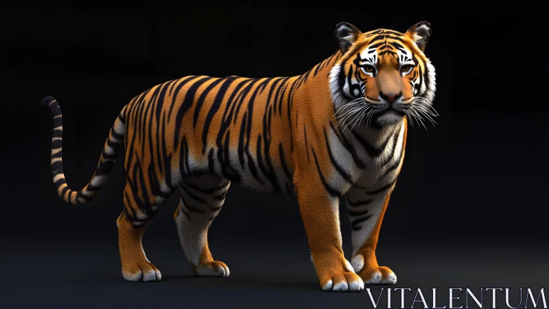 Realistic digital illustration of a majestic tiger on dark background.
