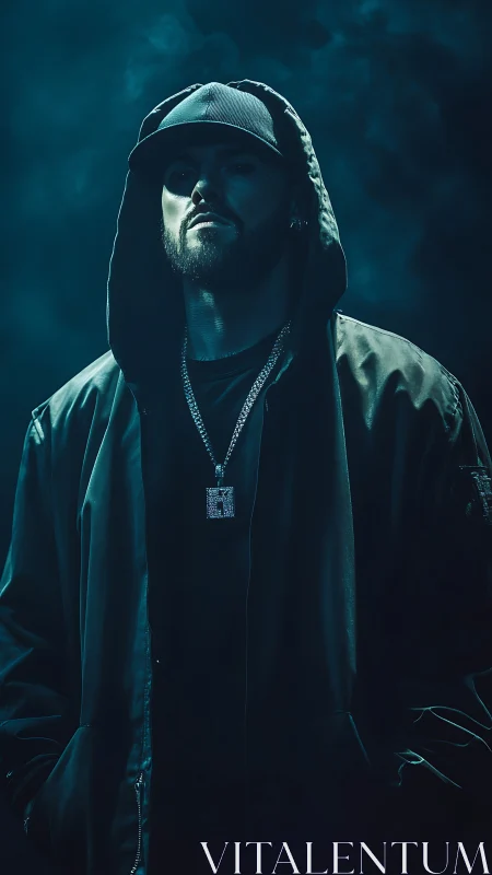 Hooded man in low key studio portrait stands in dramatic light