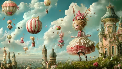 Whimsical doll princesses drift among pastel hot air balloons