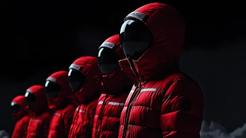Crimson cosmonaut parkas line up like a silent lunar parade
