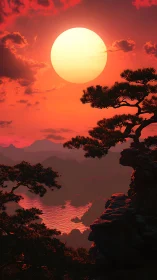 Digital landscape renders silhouetted trees against large sun