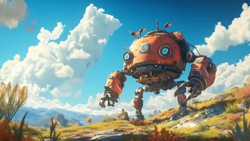 Orange quadruped exploration robot in open grassland terrain.