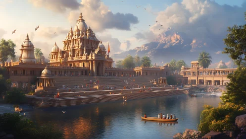 Riverfront temple complex with stepped ghats and mountains.