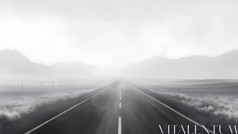 Empty desert highway vanishing into heavy morning fog.