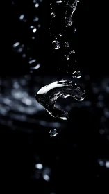 Sculpted water droplet hangs in dramatic noir lighting