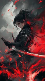 Crimson-energized ronin framed by turbulent brushstroke vortex.