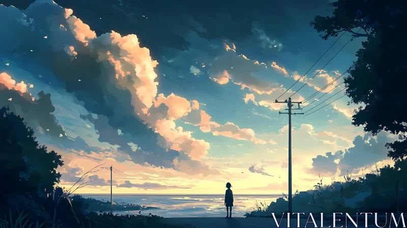 Solitary figure on coastal road under sunset clouds.