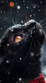 Mystical Black Cat with Fiery Gaze in Winter Snow