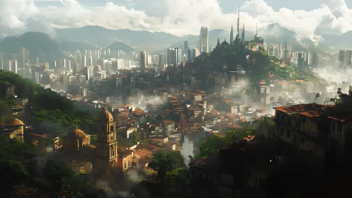 Fog-kissed hilltop metropolis humming between past and future.