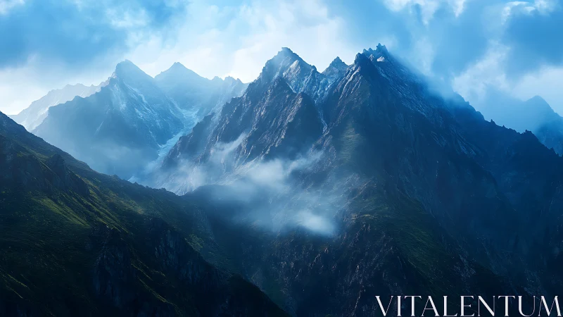 Glacial mountain ridges cut mist with cold blue light.