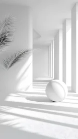 Sunlit minimal hallway with wandering sphere and palm shadows.